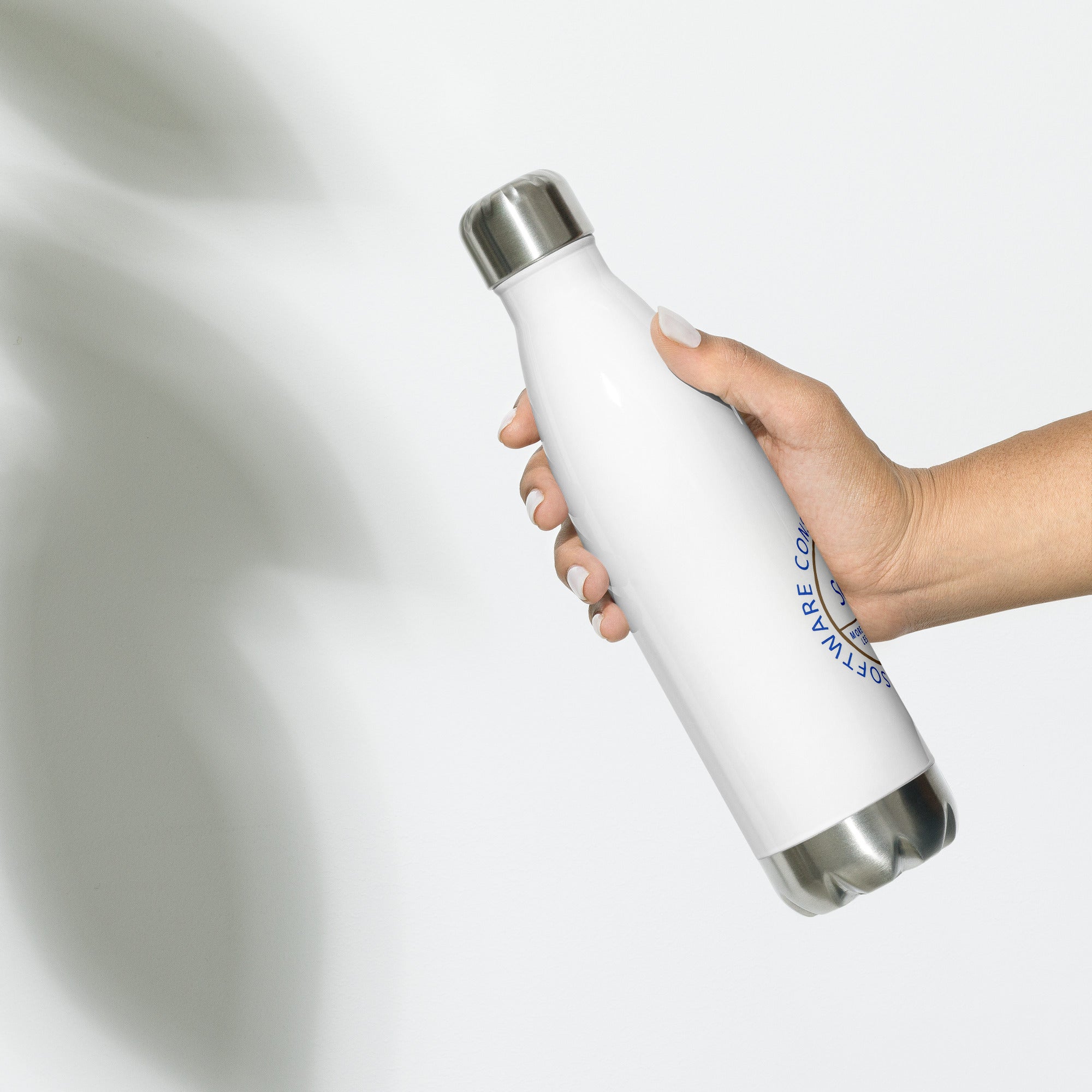 A hand holding a sleek work water bottle custom against a neutral background.