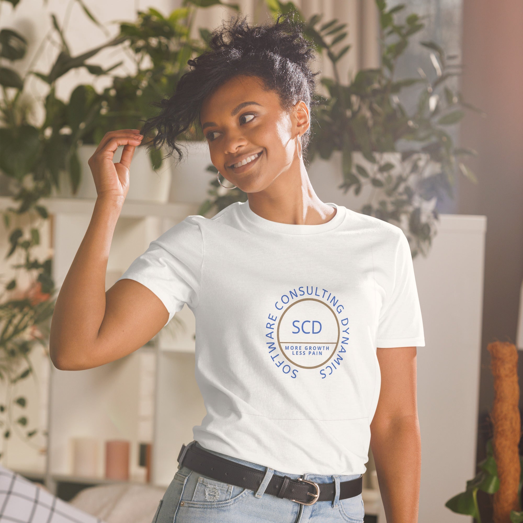 classic unisex wear featuring full view of a woman wearing custom t-shirt and jeans with a pleasant background