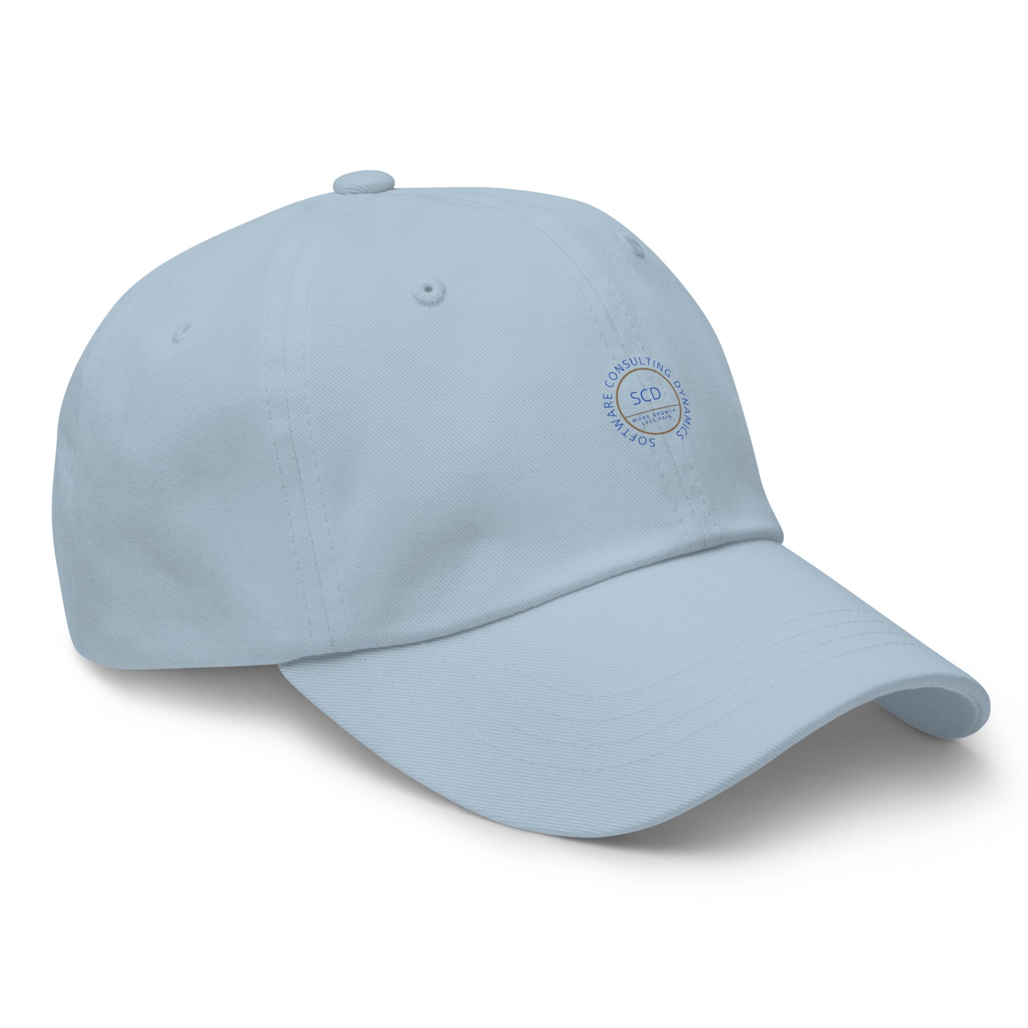 Ccustom print hats from SCD One shown here in light blue color with a right side view of the hat