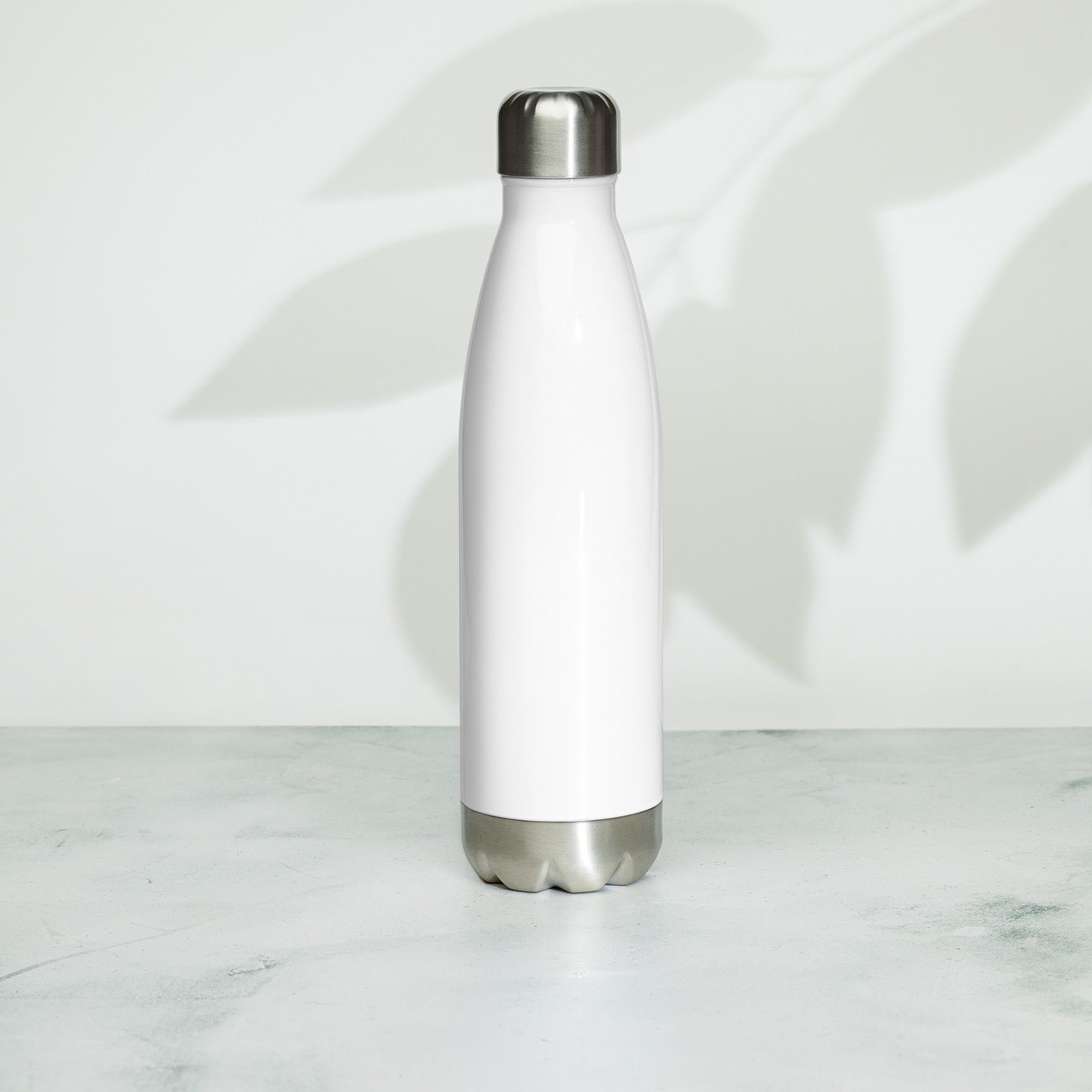 Stainless steel water bottle from SCD One resting on a flat surface sitting upright showing the  design free back side