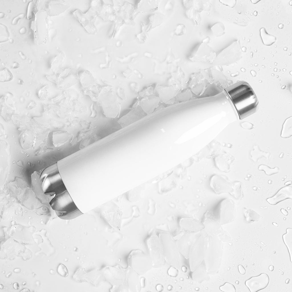 Stainless steel water bottle from SCD One laying on a flat surface with a right back tilt with no design