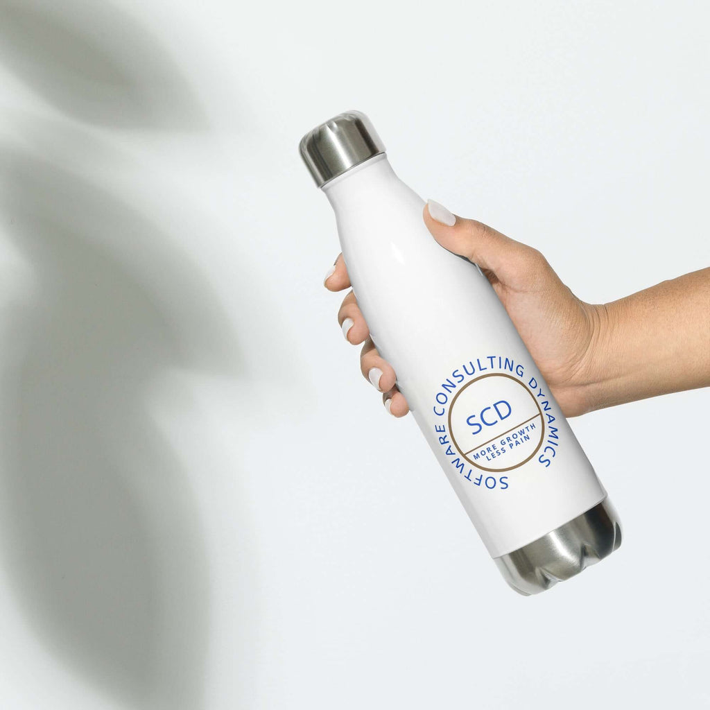 Stainless steel water bottle from SCD One with a hand holding the water bottle donning the design