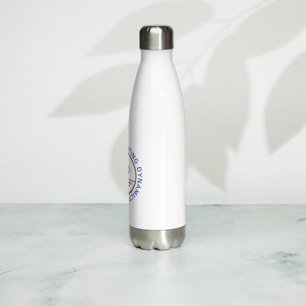 Stainless steel water bottle from SCD One resting on a flat surface sitting upright showing the  design free back side second alternate view