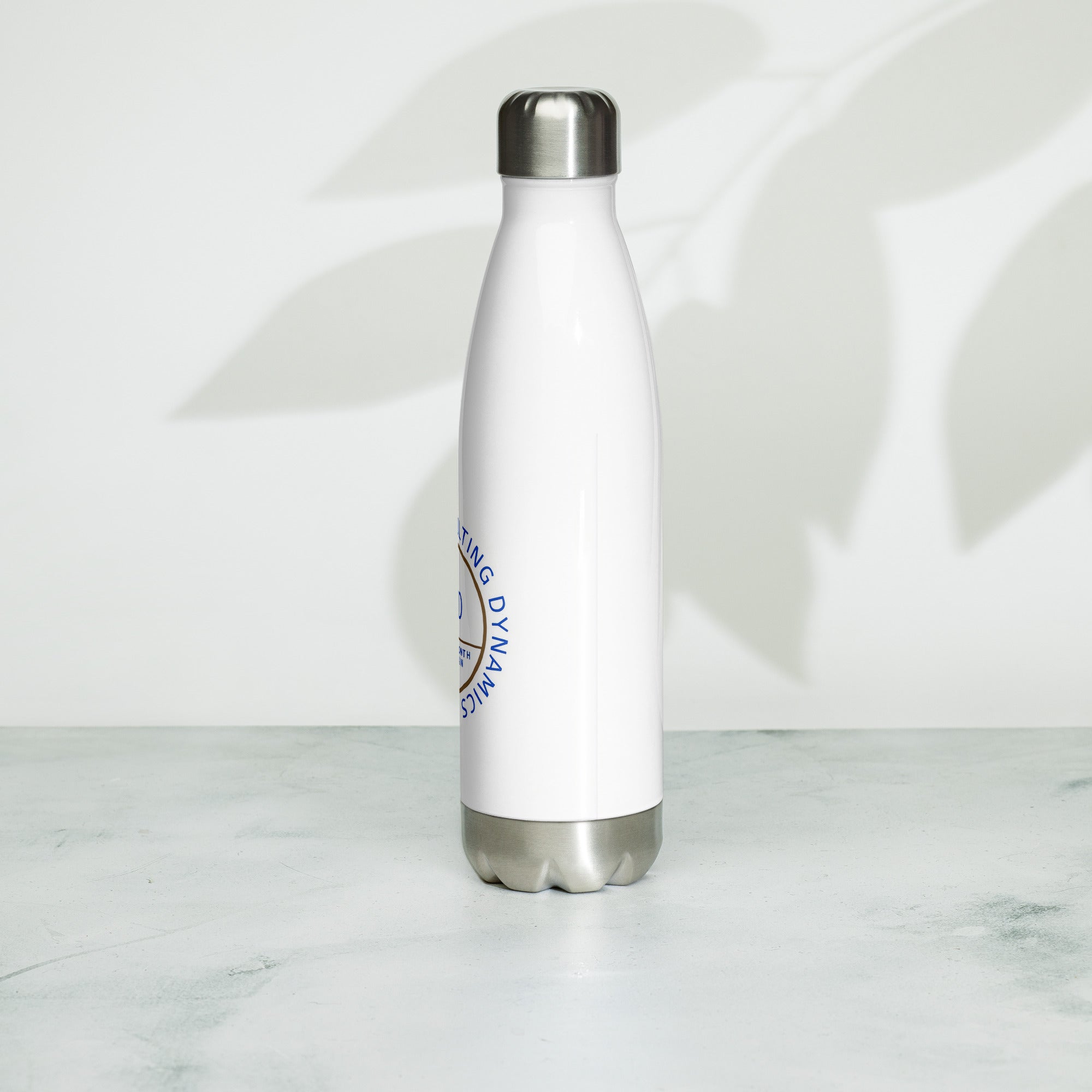 Stainless steel water bottle from SCD One resting on a flat surface sitting upright showing the  design free back side second alternate view