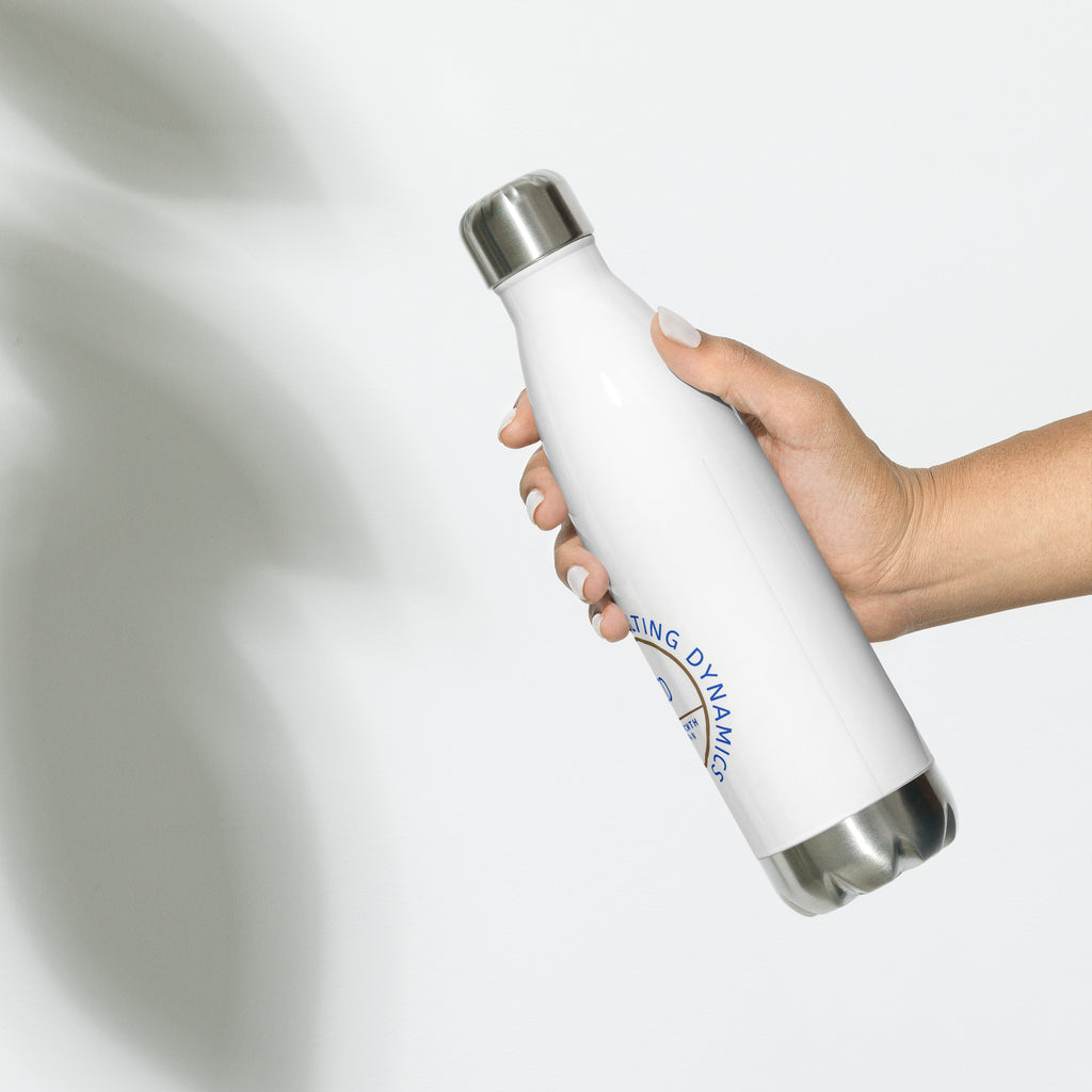 Stainless steel water bottle from SCD One with a hand holding the water bottle showiing the back side