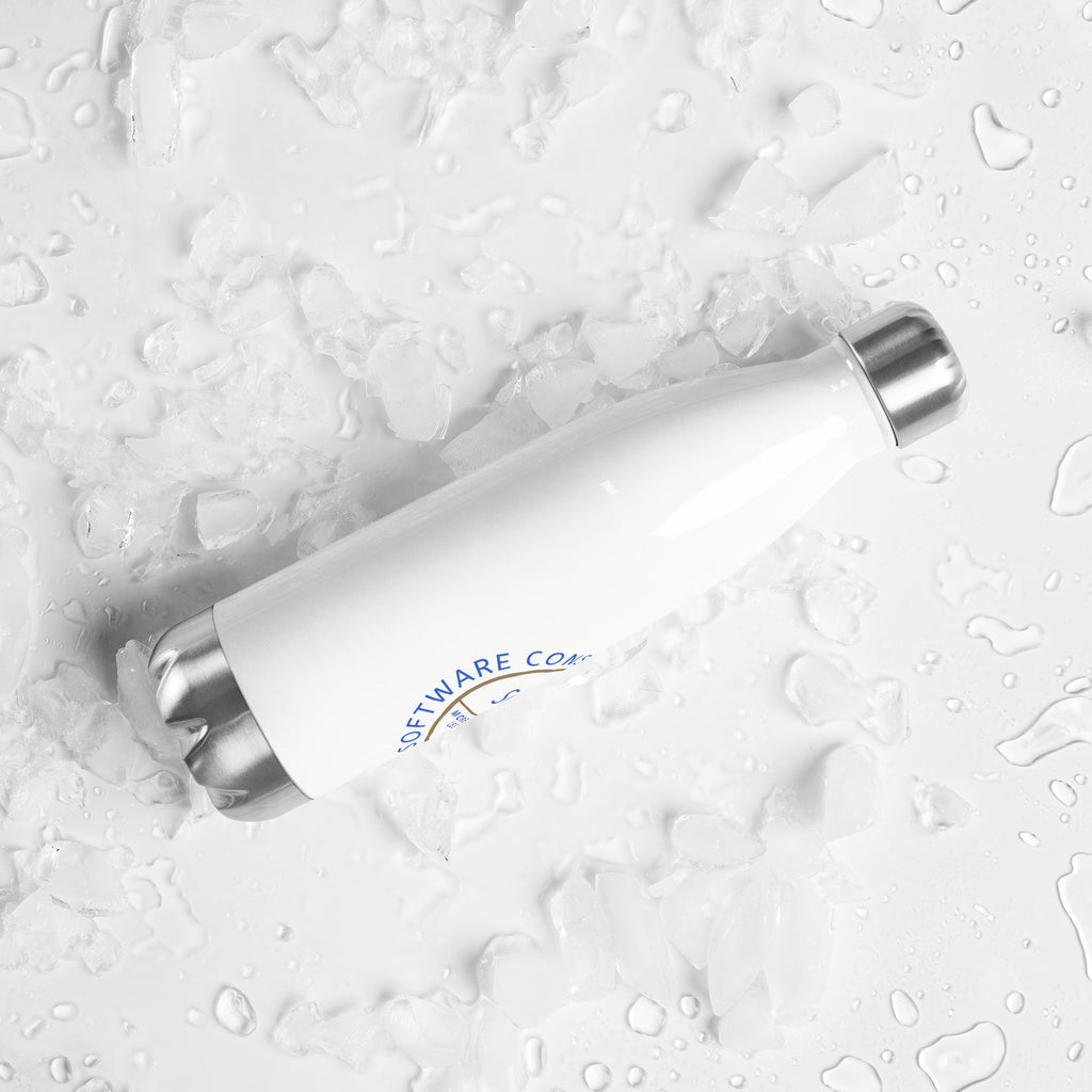 Stainless steel water bottle from SCD One laying on a flat surface with a back right tilt showing a partial design