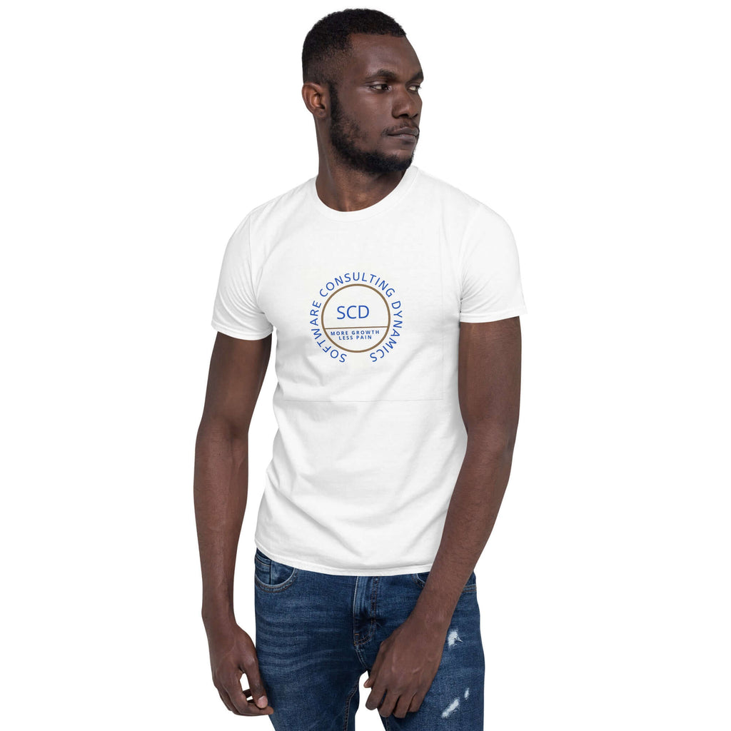 SCD One unisex t-shirt local stock showing a male dressed with the t-shirt and jeans looking over his left shoulder