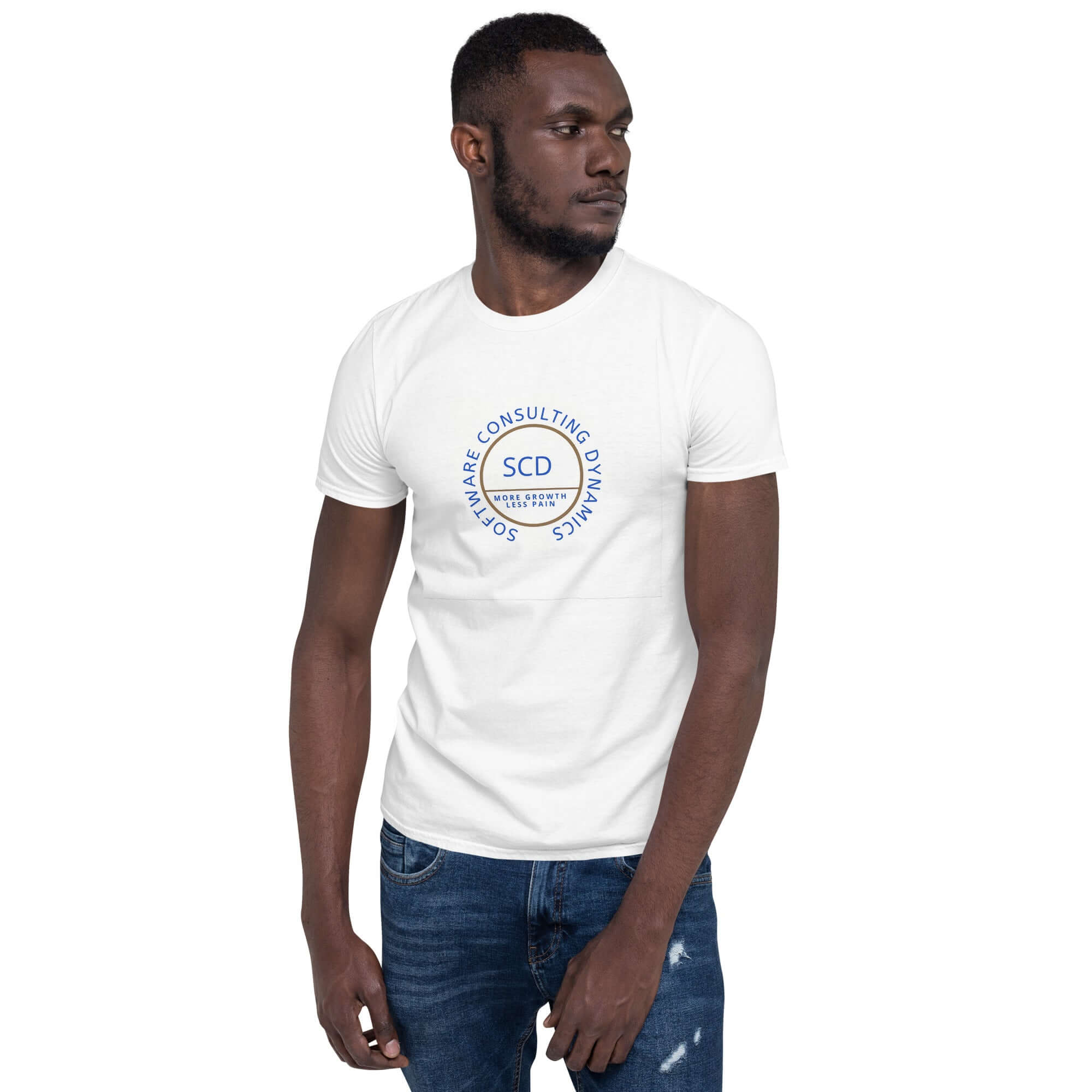 SCD One unisex t-shirt local stock showing a male dressed with the t-shirt and jeans looking over his left shoulder