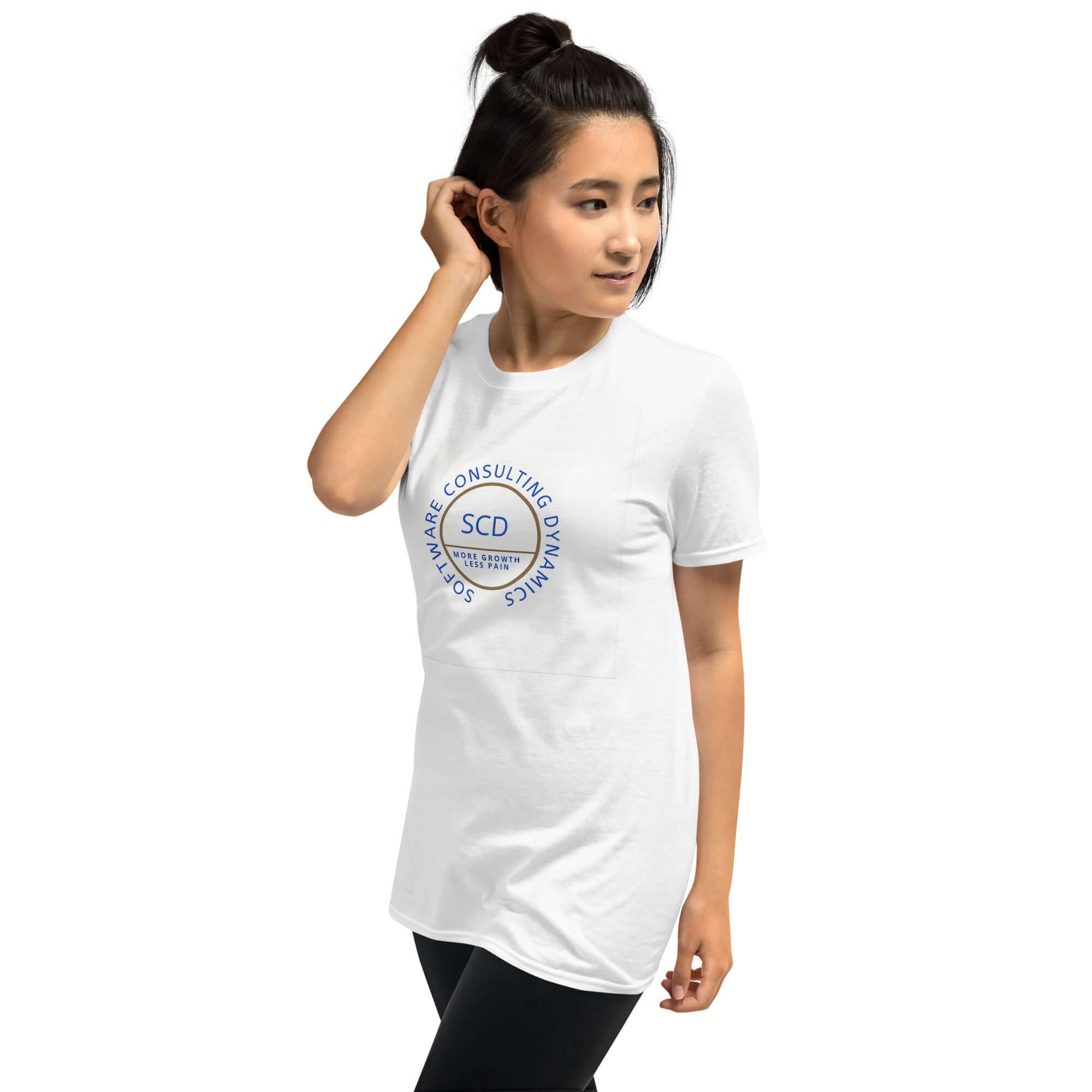 SCD One unisex t-shirt local stock showing a woman dressed with the t-shirt and jeans looking over heer left shoulder with a white background
