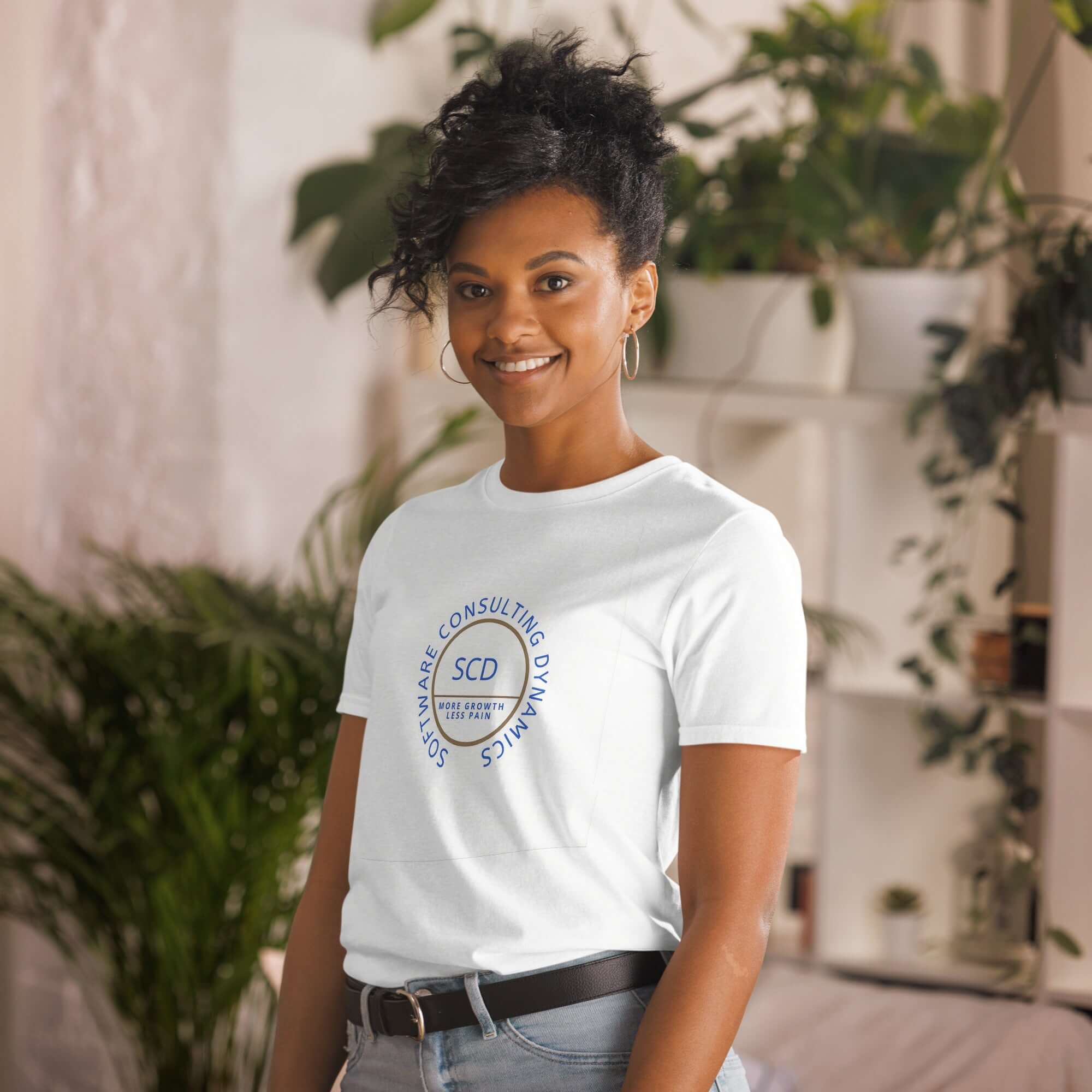 SCD One unisex t-shirt local stock showing a women adorned with the t-shirt and jeans