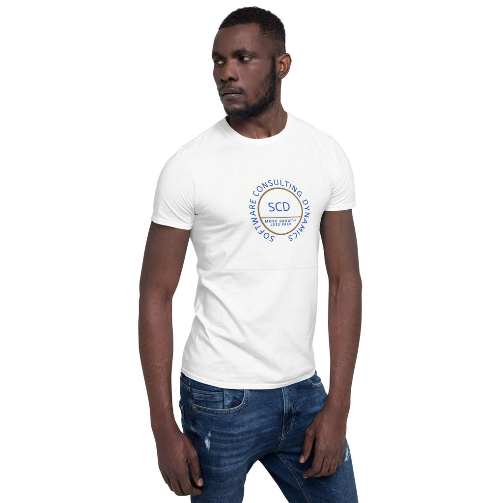 SCD One unisex t-shirt local stock showing a male dressed with the t-shirt and jeans looking over his right shoulder