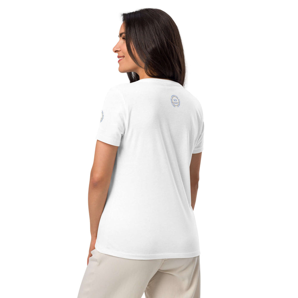 Women's relaxed v-neck t-shirt full body display with woman displaying custom design on the back of the shirt
