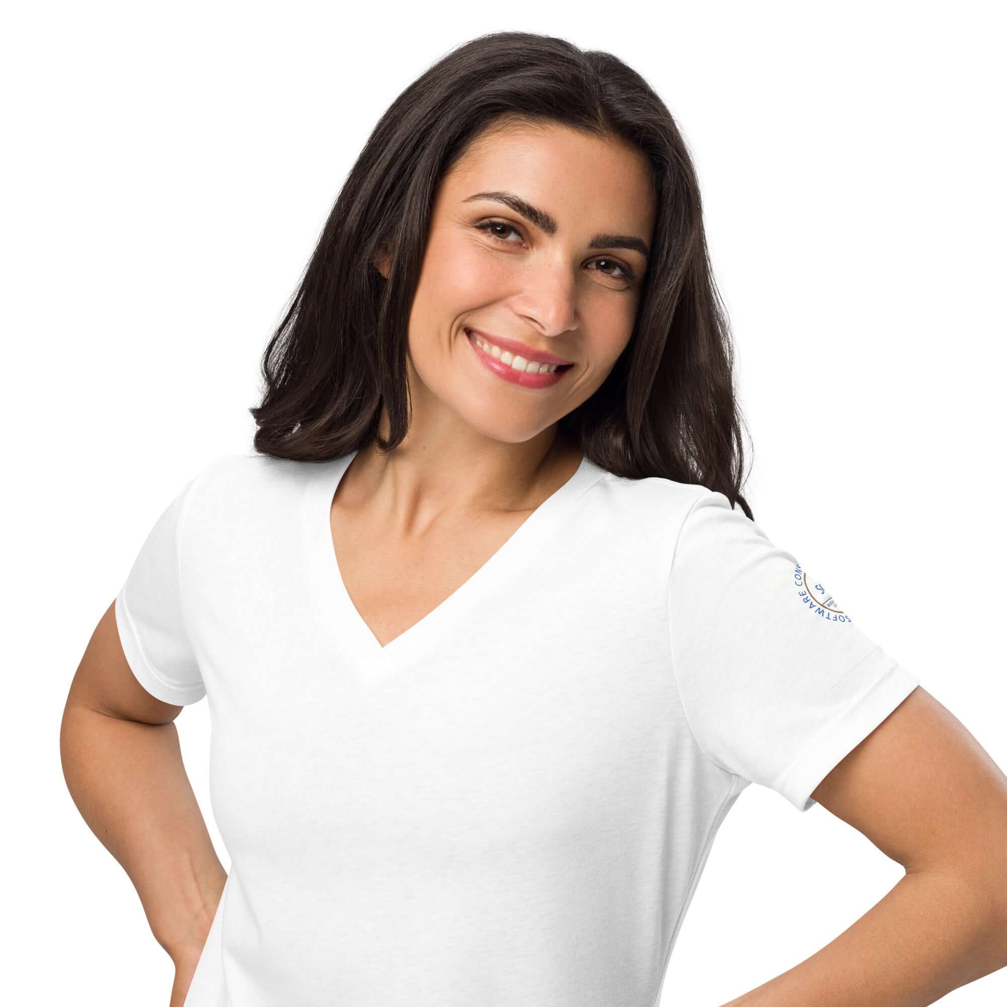 Women's relaxed v-neck t-shirt upper body display with woman positioning her hands on her hips