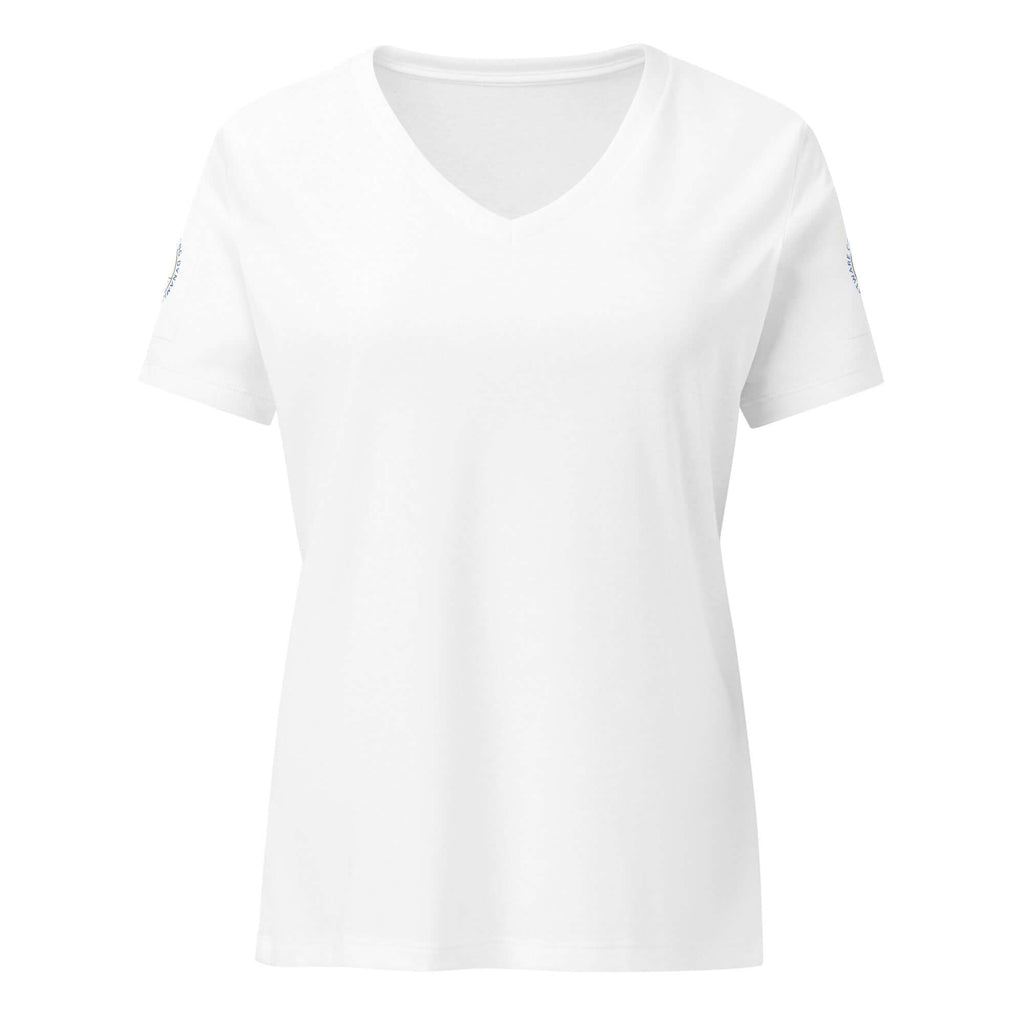 Women's relaxed v-neck t-shirt in focus full display showing front view
