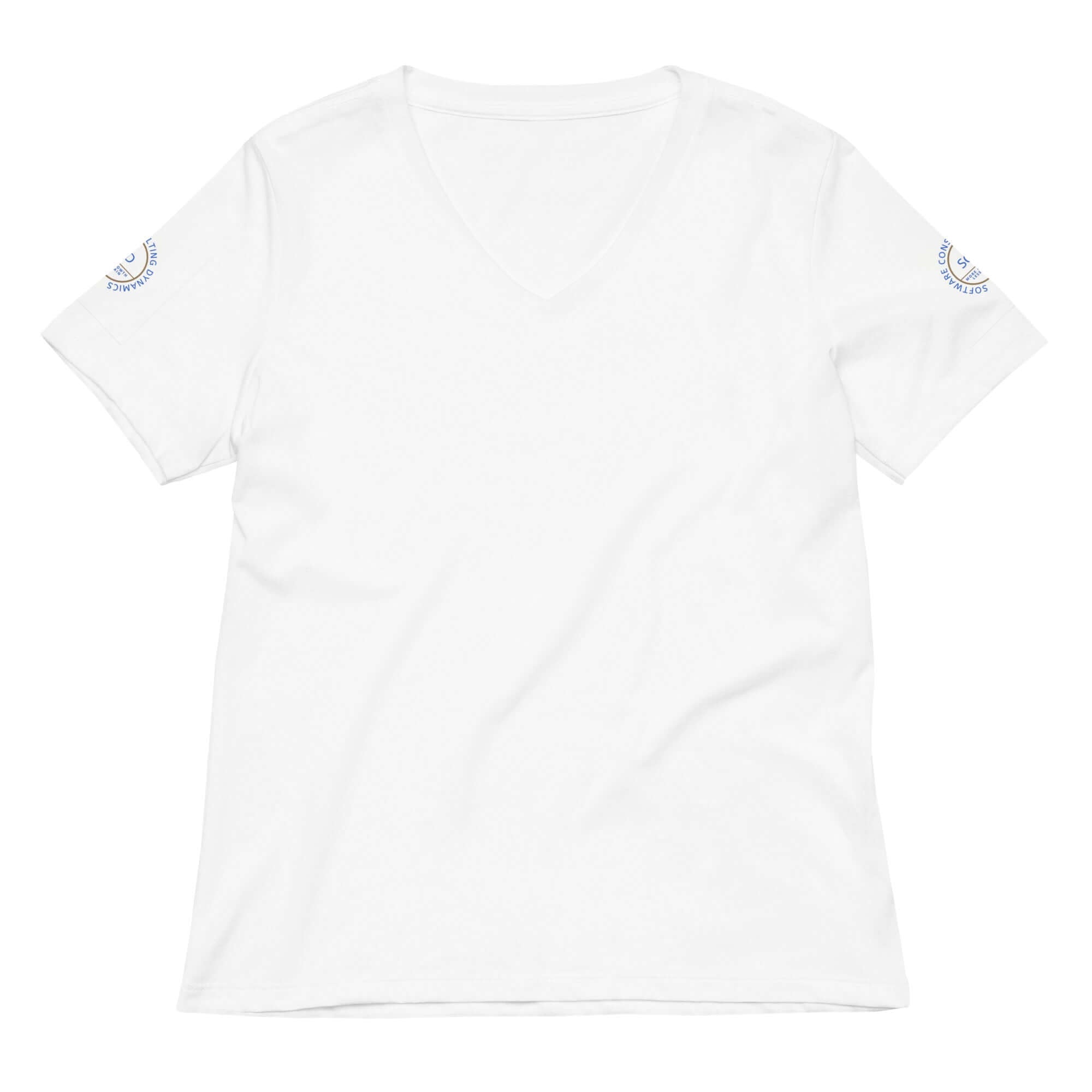 Women's relaxed v-neck t-shirt in focus full display showing reverse view